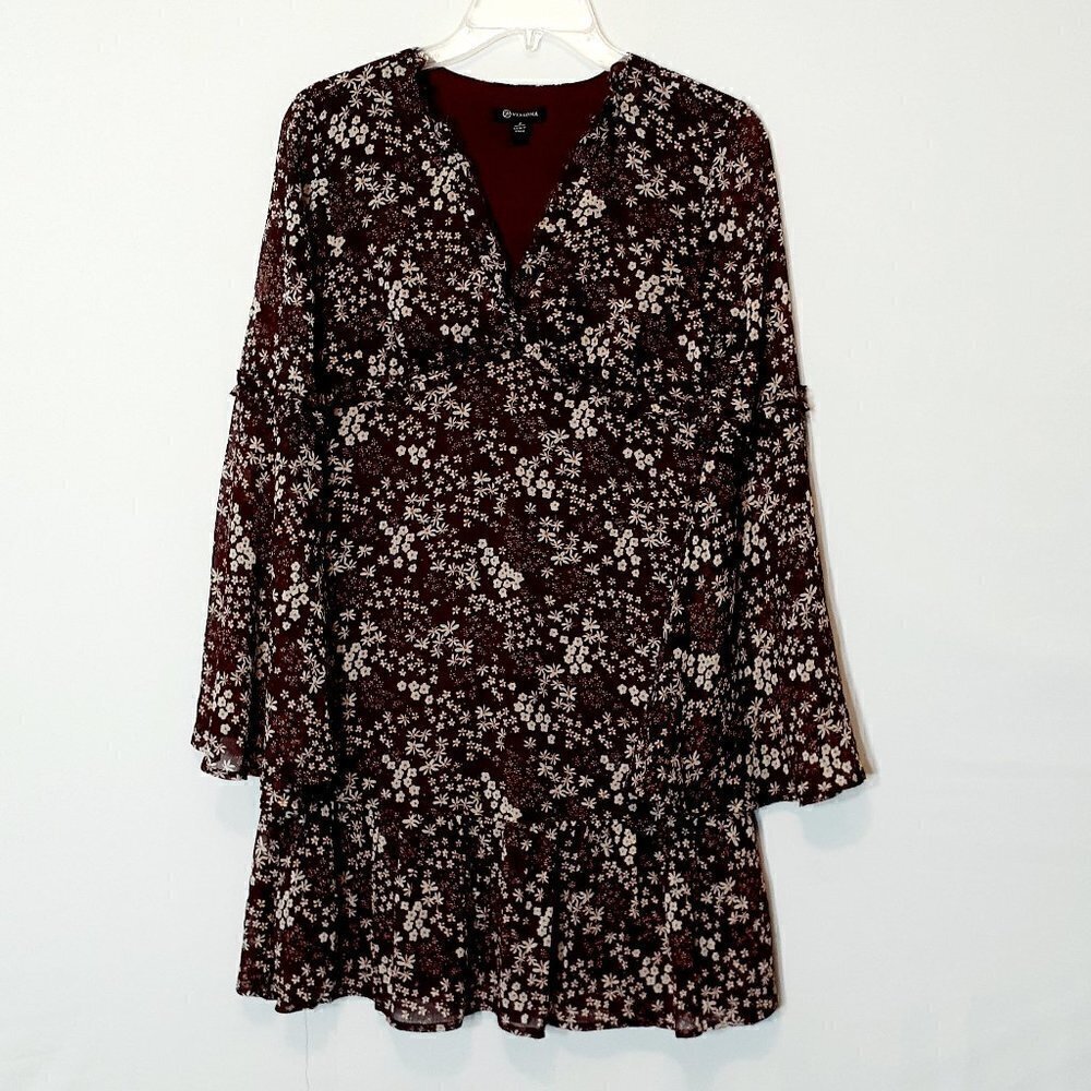 WOMEN'S "Versona" Cranberry Floral Chiffon Peasant Dress w Ruffles; Size 2